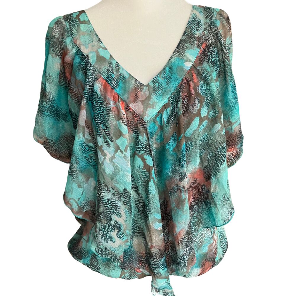 Zac & Rachel teal abstract animal print flowy blouse, sz S, artsy, banded waist